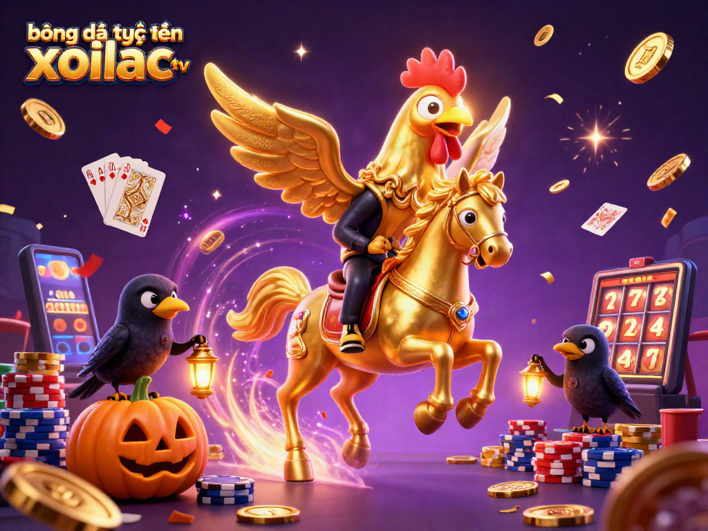 Bóng đá trực tuyến xoilac tv showcases golden rooster in a vibrant casino scene with festive elements.