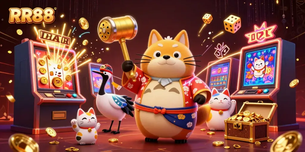 Experience thrilling wins at RR88 with our vibrant casino-themed illustration featuring lucky characters and games.