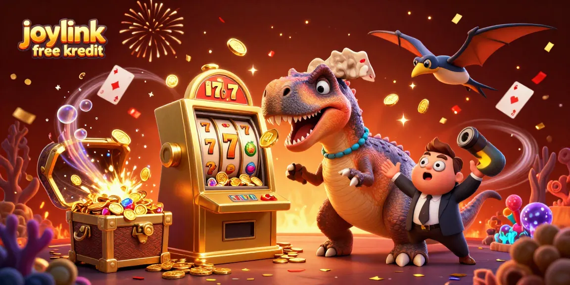 Spin jackpot reels with joylink free kredit and vibrant dino characters celebrating amid gold coins.