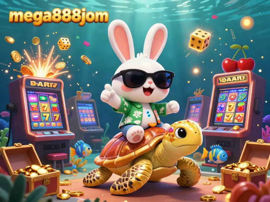 Experience the thrill of mega888jom with vibrant 3D cartoon characters and casino symbols in action.