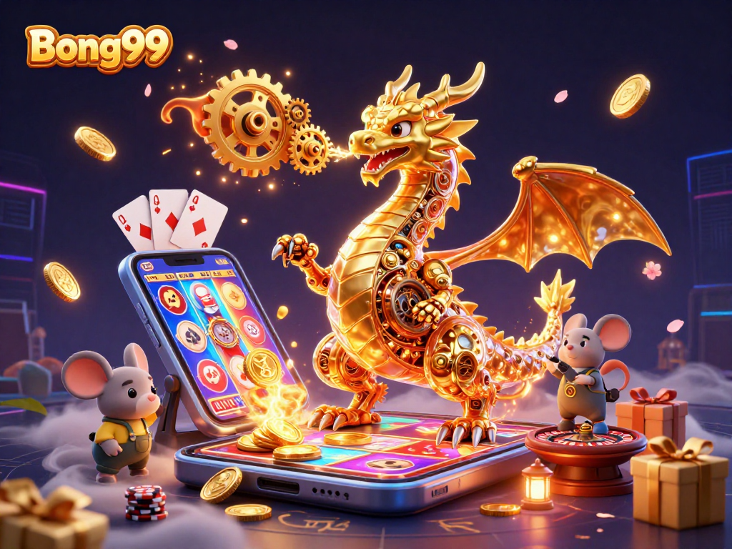 Bong99 gaming adventure with a golden dragon and vibrant casino elements in a dynamic scene.