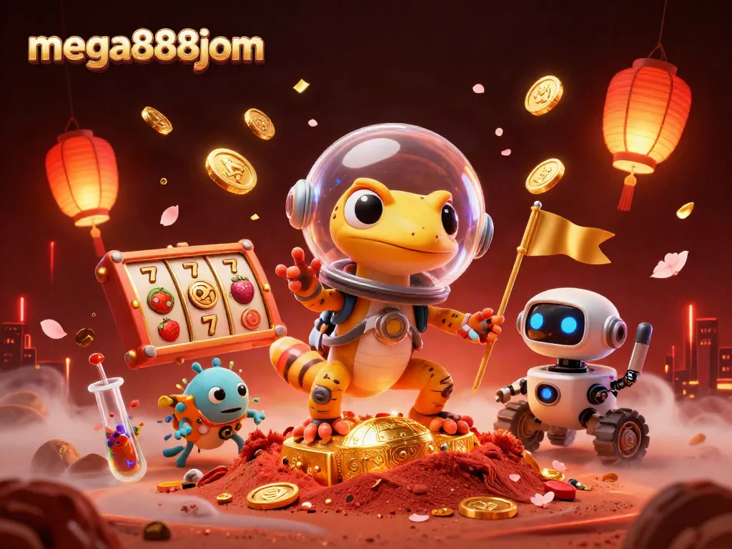 Play at mega888jom with a colorful 3D casino scene featuring a Martian gecko and vibrant slot elements.