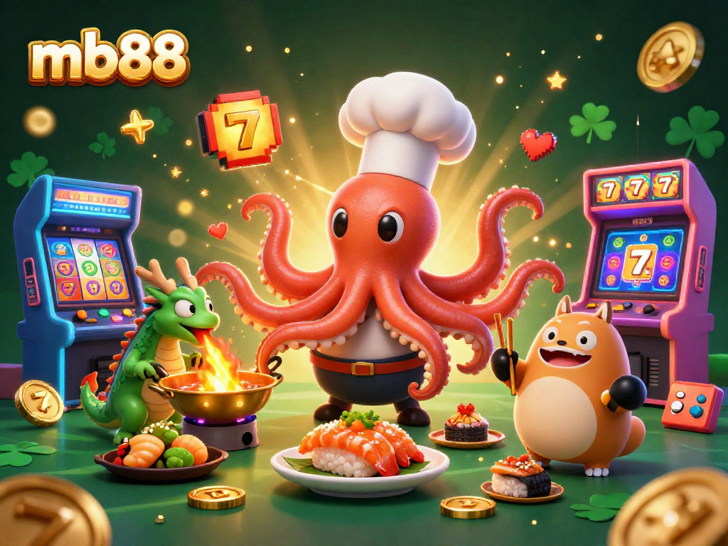 Engage with mb88's vibrant 3D casino scene featuring a culinary octopus and playful dragon.