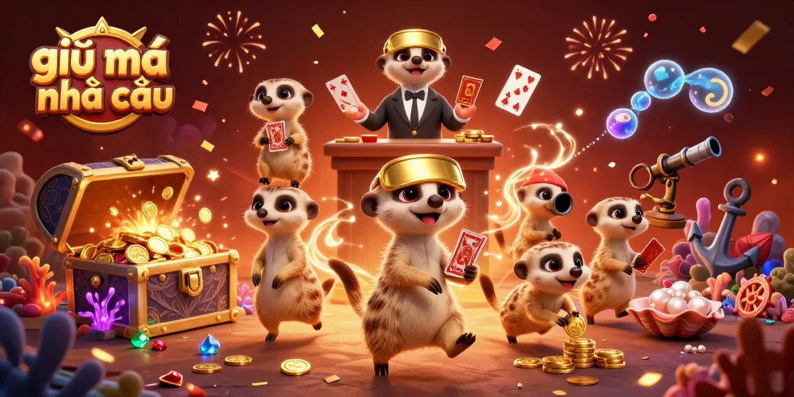 Engaging 3D scene of meerkats operating a casino, featuring giải mã nhà cái elements amidst vibrant decorations.