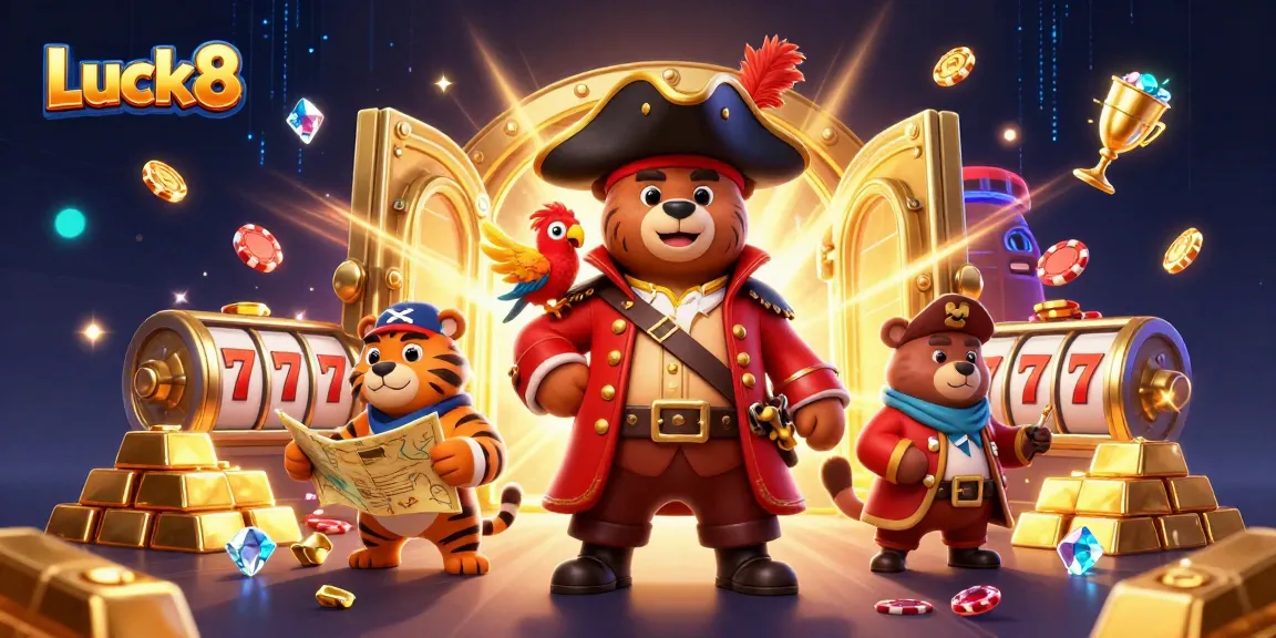 Luck8 pirates celebrate amidst diamond-studded slots and treasure in a vibrant casino scene.