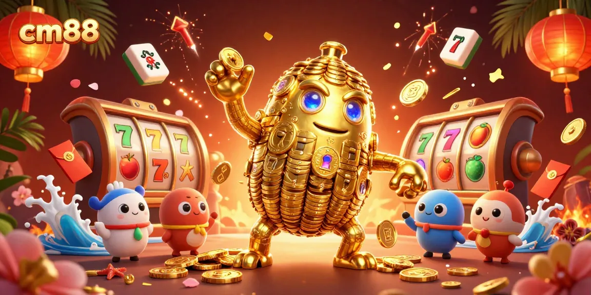 Experience thrilling gaming adventures with cm88's vibrant 3D illustration showcasing slot reels and a golden golem.