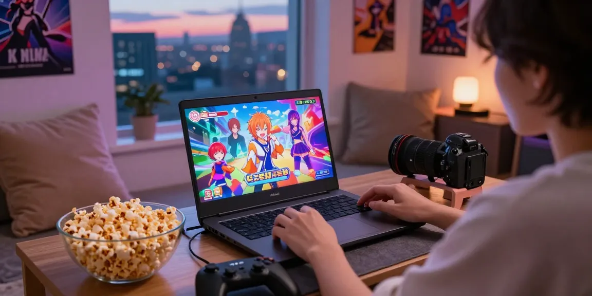 Person enjoying an ecchi game on laptop in cozy gaming setup with cityscape view.