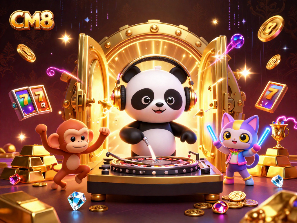 Get ready to win big at CM8 with lively characters and casino elements in a vibrant illustration.