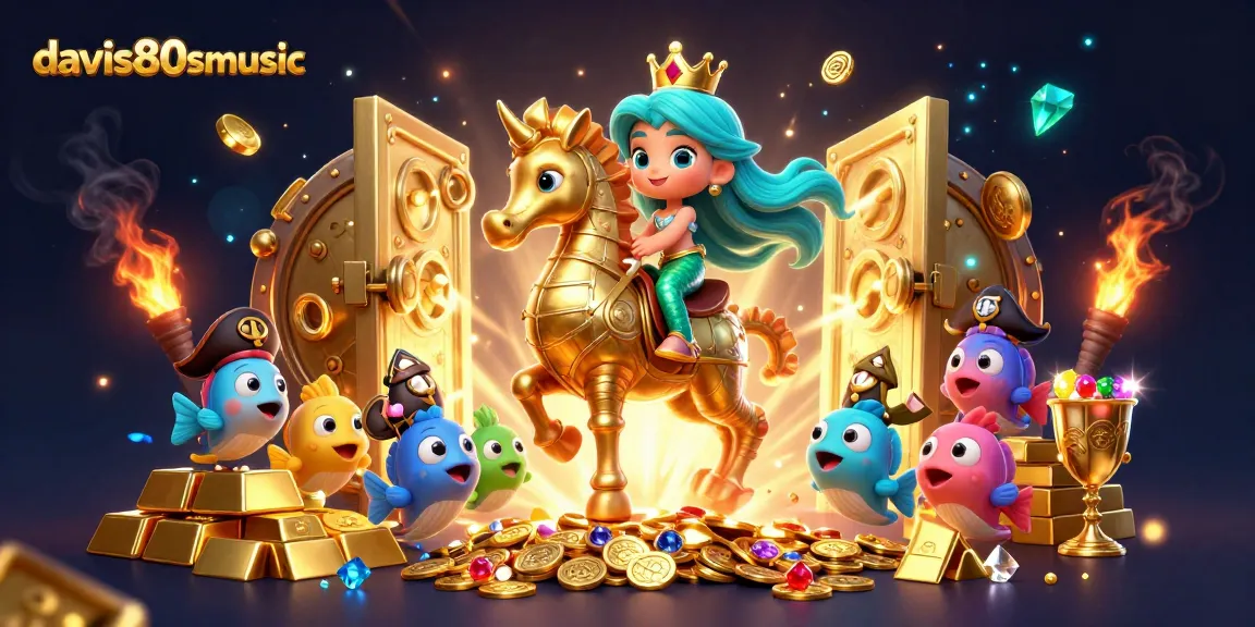 Dive into the excitement with davis80smusic, showcasing a 3D cartoon mermaid and seahorse amidst casino treasures.