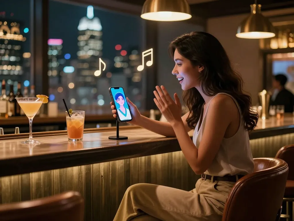 Engaging ai sex chat experience in an urban lounge setting.