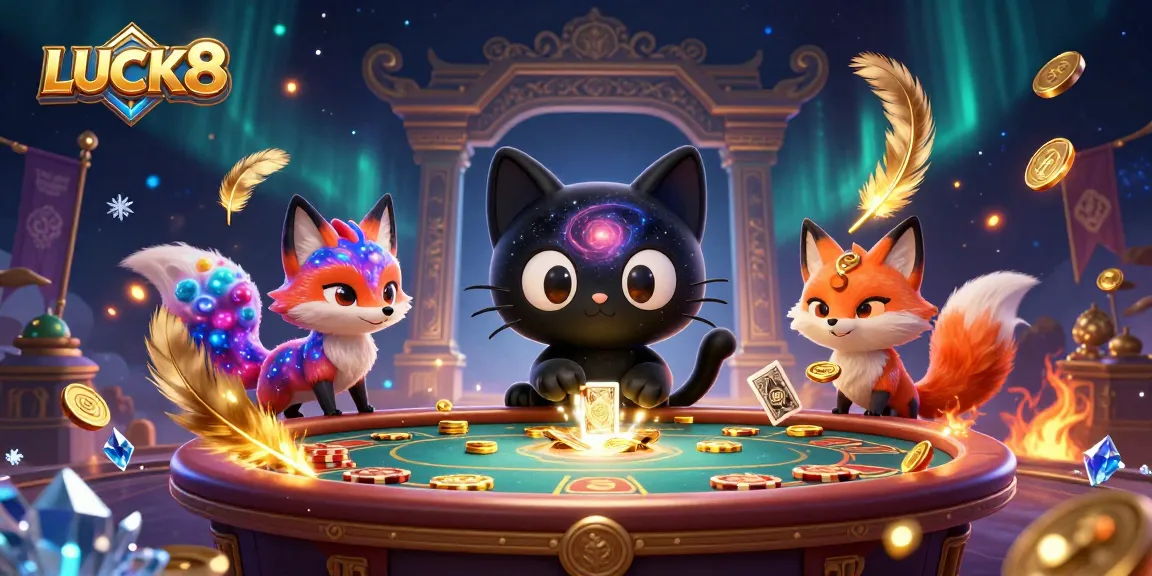 Experience the cosmic excitement of LUCK8 casino where the whimsical black hole cat draws in golden tokens and cards.