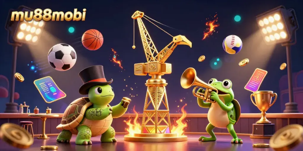 Engage with mu88mobi's vibrant casino scene showcasing unique 3D characters amidst dynamic casino elements.