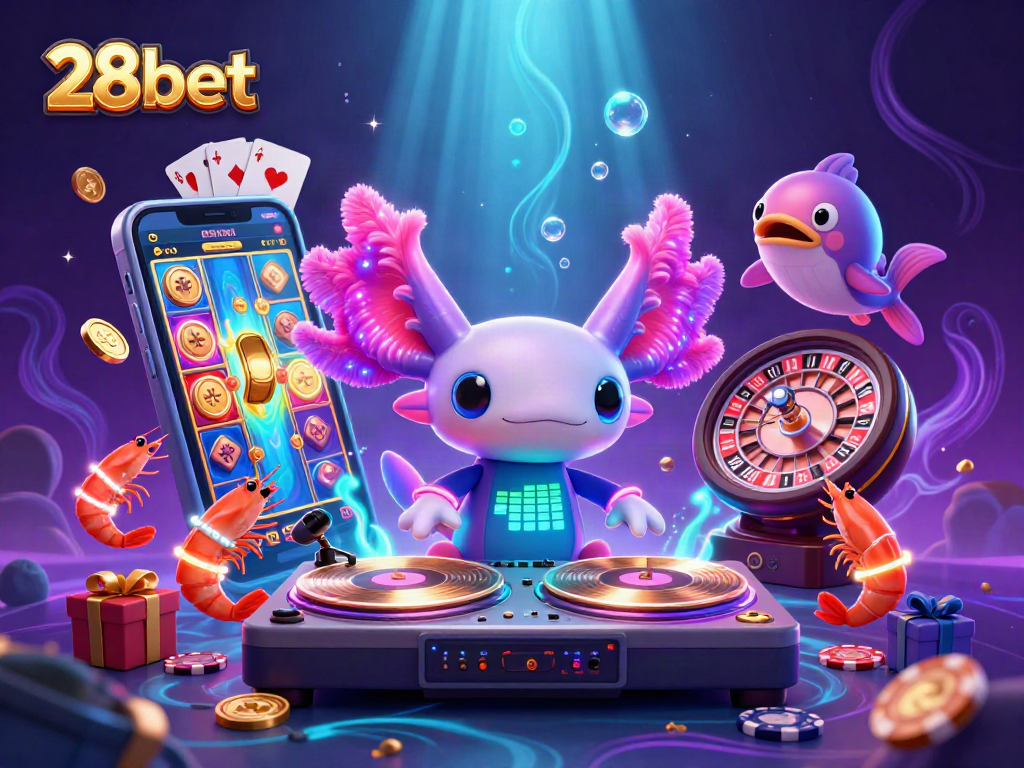 Experience the thrill of gaming with 28bet's dynamic underwater casino party illustration.