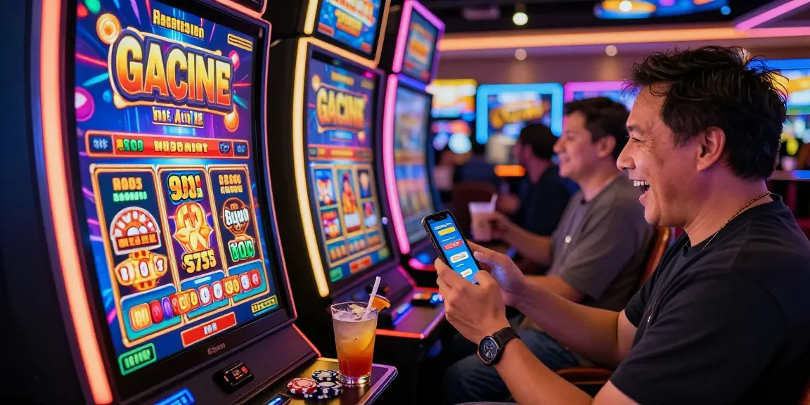 Player celebrating at slot gacor machine with vibrant casino lights.