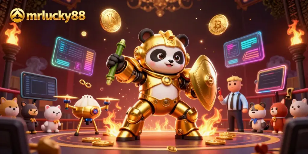 Win big with mrlucky88 in a vibrant 3D illustration featuring a mech-suit panda and crypto elements.
