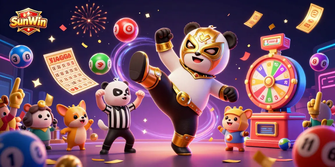 Experience the excitement of SunWin with vibrant casino elements and a thrilling wrestling panda.