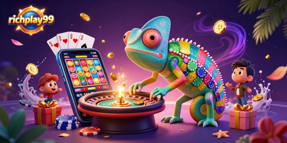 Experience excitement with richplay99 as a chameleon casino owner grabs golden coins in style.