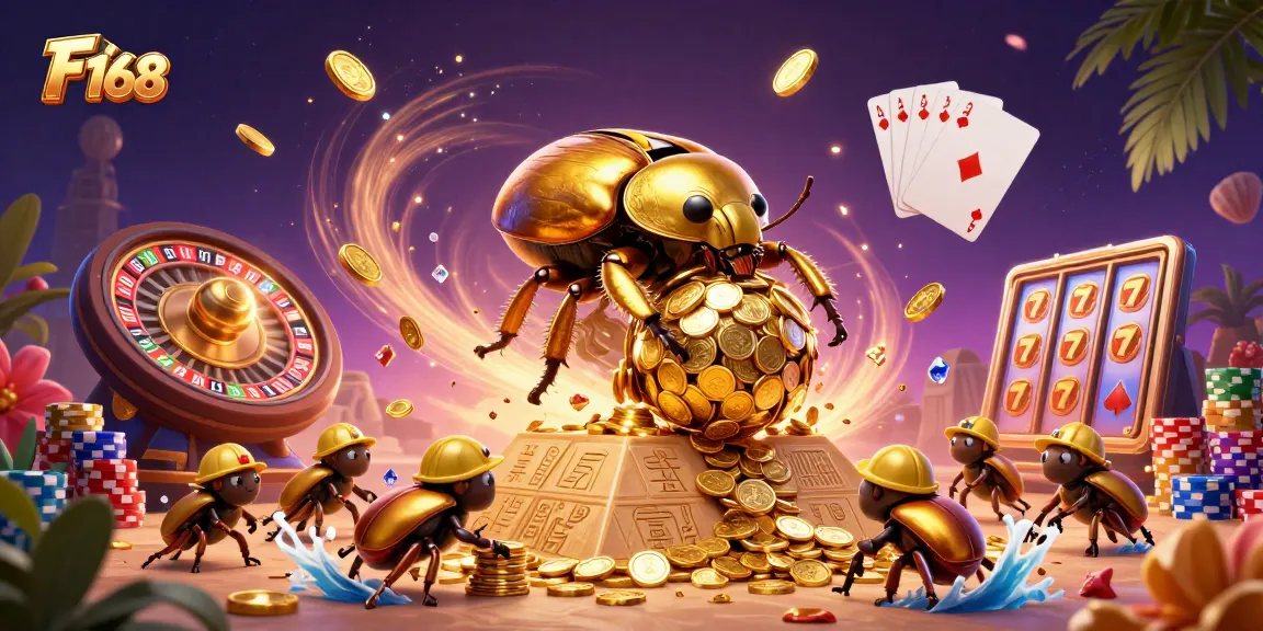 Join the thrilling world of F 168 as golden beetles celebrate wins with gold coins and vibrant casino elements.