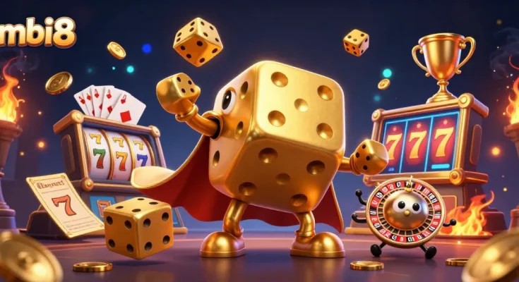 Join the excitement at mbi8 with a dynamic illustration of golden dice and slots elements.