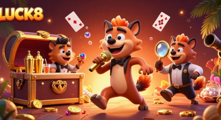 LUCK8 showcases a lively casino scene with animated hyenas, a comedian and bartender, amidst floating cards and treasure.