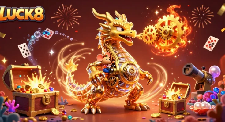 LUCK8 showcases a golden dragon breathing gears amidst festive confetti and underwater treasures.