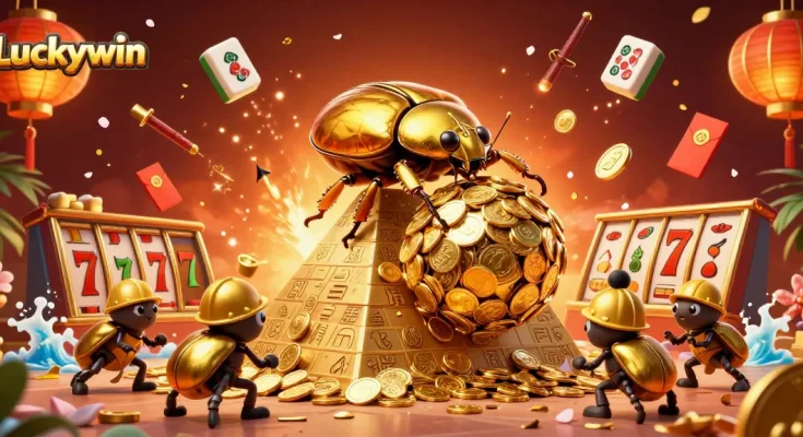 Experience Luckywin's thrilling gaming journey with golden beetles and casino symbols.