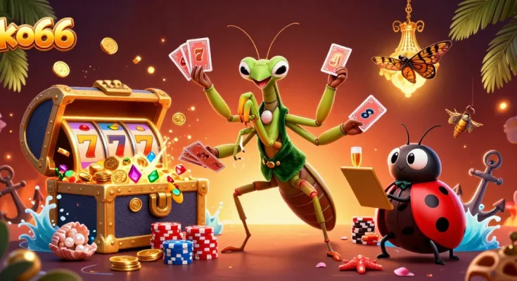 Experience the excitement of ko66 with a dynamic casino scene featuring a card sharp and vibrant slot elements.