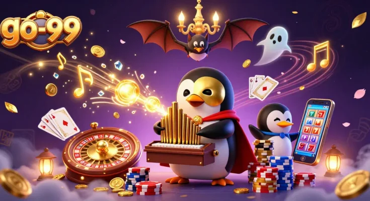 Experience the thrill of go-99 with a vibrant scene of a penguin organist amidst cascading coins and poker elements.