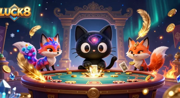 Experience the cosmic excitement of LUCK8 casino where the whimsical black hole cat draws in golden tokens and cards.