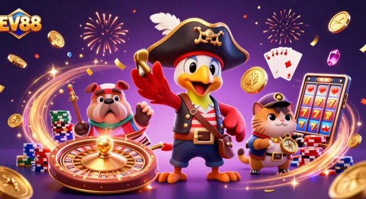Experience thrilling wins with EV88's casino games, featuring a pirate captain and dazzling rewards!