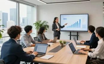 Kesempatan kolaborasi di kantor modern dengan tim profesional yang membahas strategi menggunakan analitik data boswin 88.