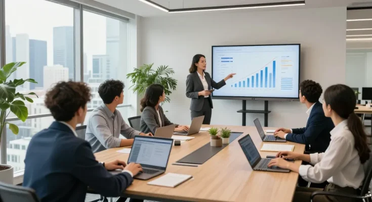 Kesempatan kolaborasi di kantor modern dengan tim profesional yang membahas strategi menggunakan analitik data boswin 88.