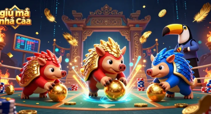 Engage in the thrilling world of giải mã nhà cái with rival pangolins battling in a vibrant casino environment.