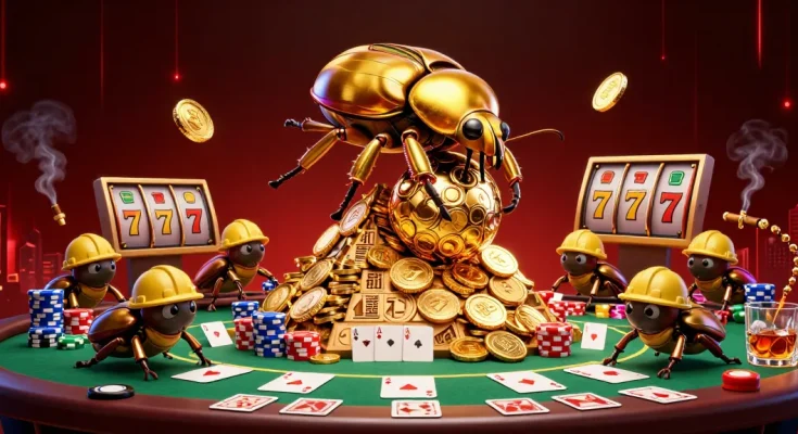 Winning big at the slots with 33winvn, featuring golden beetles and poker excitement.