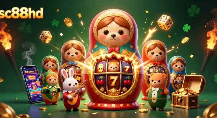 Experience sc88hd thrills with vibrant 3D characters and slot machine action in this detailed casino illustration.
