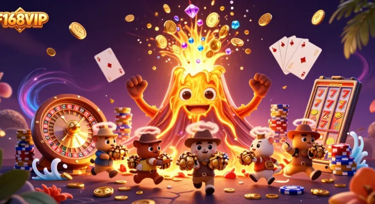 Experience the thrilling excitement of F168VIP with treasure erupting in a vibrant casino scene.