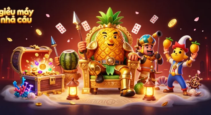 Engaging scene of giải mã nhà cái showing a pineapple king and characters in a vibrant beach casino adventure.