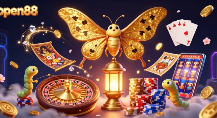 Experience the excitement of open88 with a dazzling casino-themed 3D illustration featuring a golden moth and dynamic gaming elements.
