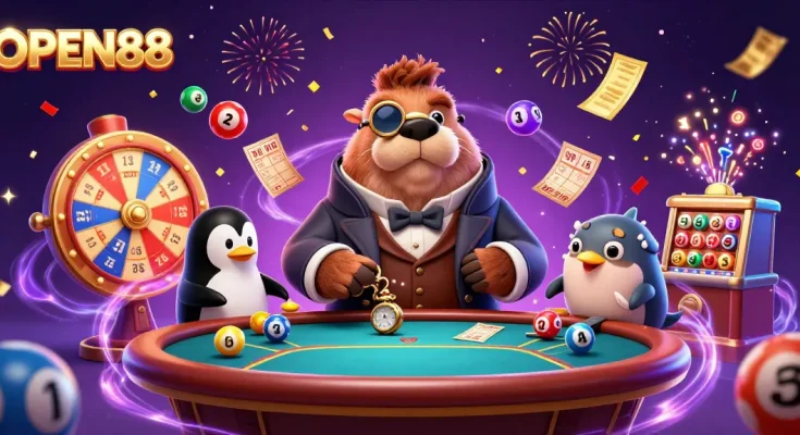 Join the exciting world of OPEN88 with our playful characters at an underwater poker table.