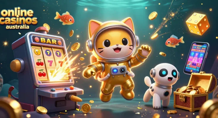 Engage with online casinos australia through a vivid 3D illustration of jackpot excitement and cosmic adventure.