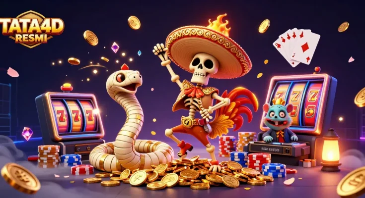 TATA4D RESMI brings excitement with a lively rooster dancing on gold coins amidst a vibrant casino scene.