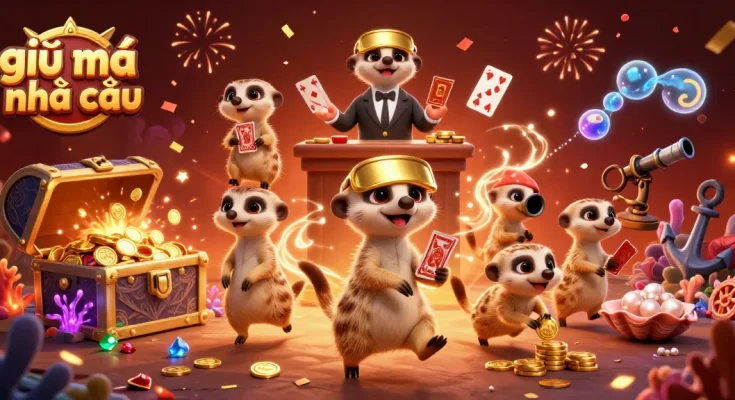 Engaging 3D scene of meerkats operating a casino, featuring giải mã nhà cái elements amidst vibrant decorations.