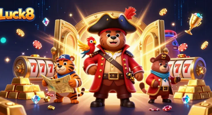 Luck8 pirates celebrate amidst diamond-studded slots and treasure in a vibrant casino scene.