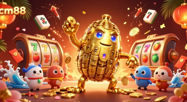 Experience thrilling gaming adventures with cm88's vibrant 3D illustration showcasing slot reels and a golden golem.
