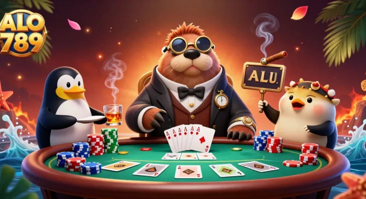 Engage in thrilling poker action with ALO 789 featuring a jolly walrus and penguin dealer.