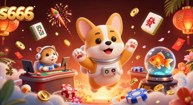 Experience the excitement of s666 with a corgi astronaut and floating casino elements in a vibrant scene.