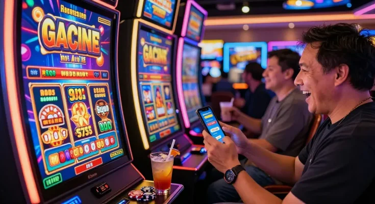 Player celebrating at slot gacor machine with vibrant casino lights.