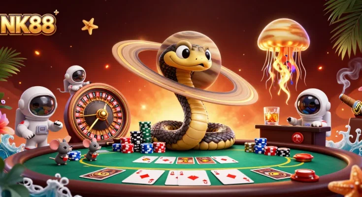 Engage in thrilling bets at NK88's cosmic casino scene with vibrant illustrations and captivating characters.